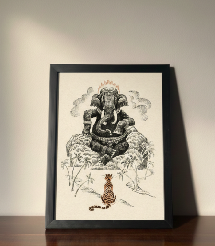 Divine Ganesha & Tiger Metal Poster – Spiritual Art Edition