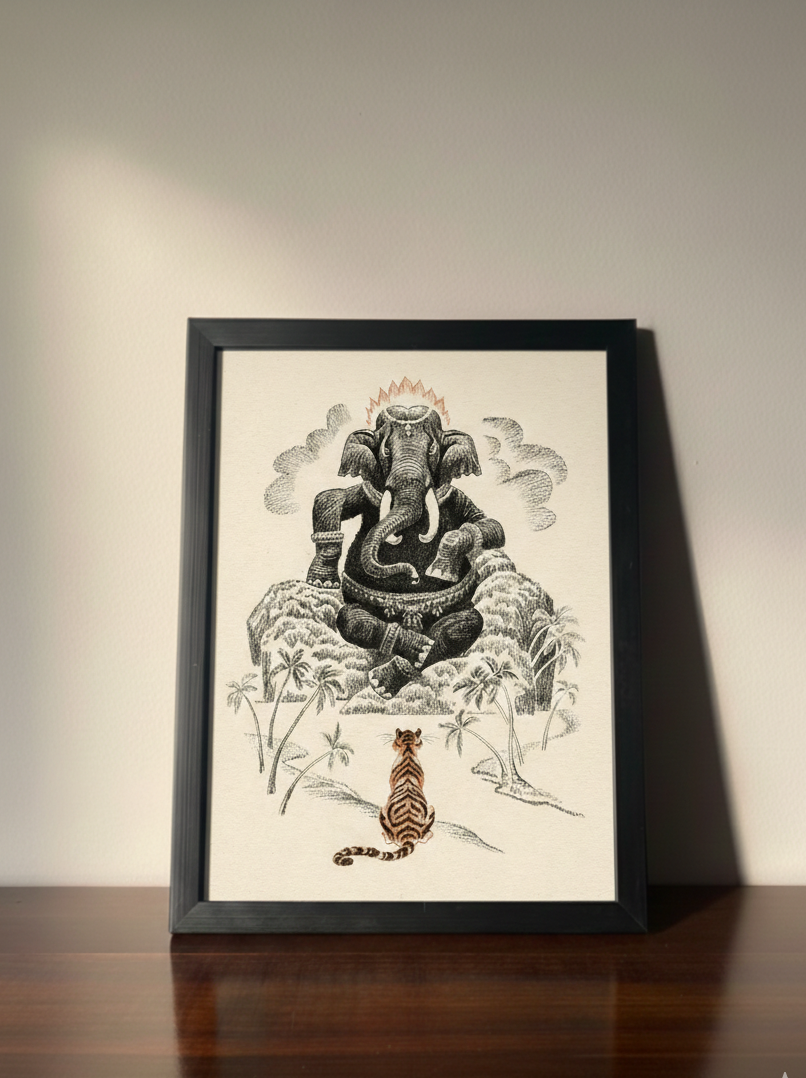 Divine Ganesha & Tiger Metal Poster – Spiritual Art Edition